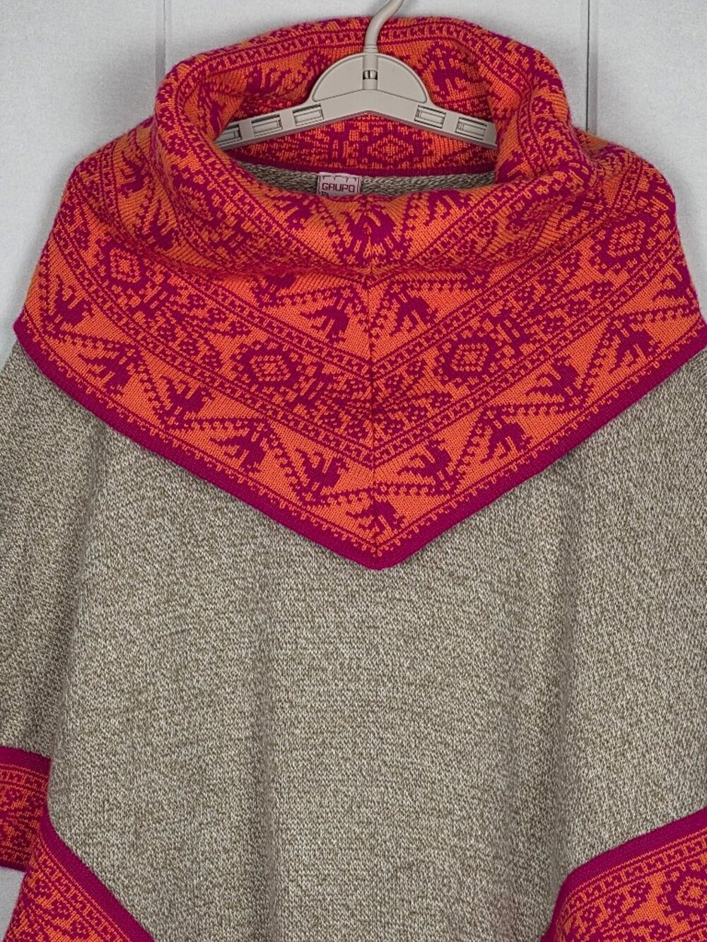 Peruvian Alpaca Poncho Sweater – Cowl Neck – Geometric Trim - Picture 5 of 9